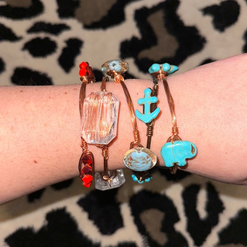5 Stackable Wire Wrapped Bangle Bracelets Rose Go… - image 1